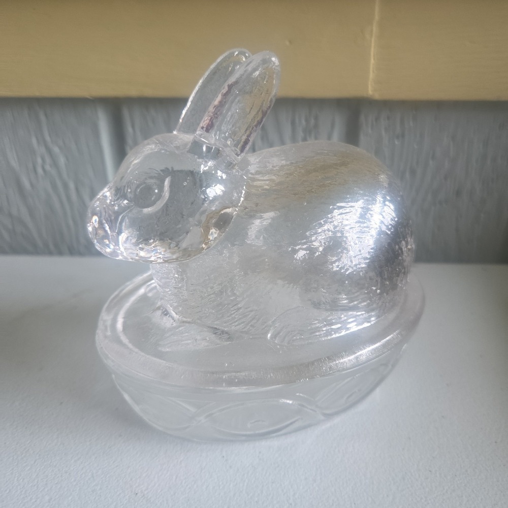 Galerie Vintage Clear Glass Bunny Candy Dish On Nest Trinket Box Butter Dish